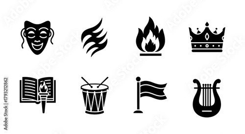 Set of black silhouette icons representing art, music, theater, and royalty
