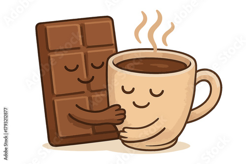 Cartoon illustration of a happy chocolate bar hugging a smiling coffee cup with steam. Concept of warmth, comfort, and perfect pairing. Mascot character. Vector, transparent background