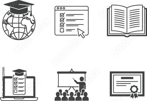 Global online education icons set: e-learning, graduation, exams, study, training & certificates