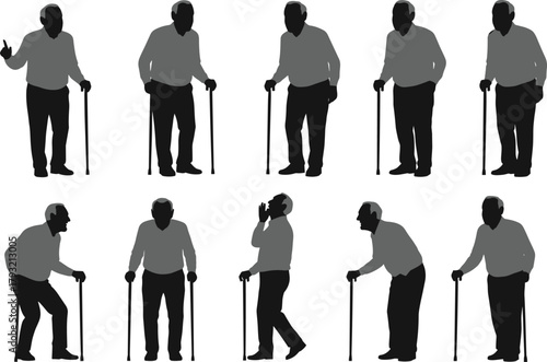 Elderly silhouette, cane support, aging posture, expressive movement, black illustration, senior gesture, physical therapy, mobility pose, minimal design, life stage