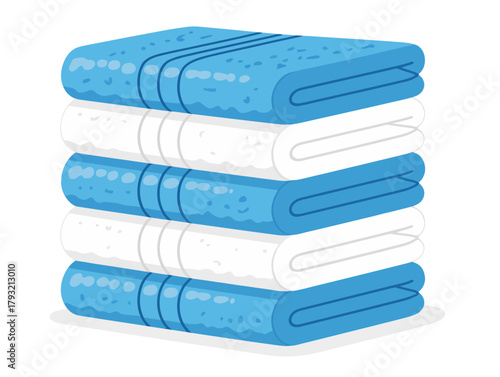 Neatly folded stack of alternating blue and white towels, clean graphic style, placed on a white background. Concept of hygiene, laundry, and home essentials