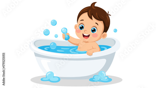 Cheerful cartoon baby with brown hair playing in a bathtub with water and bubbles, flat style, on clean white background, concept of childhood hygiene and fun. Vector