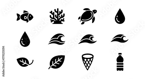 Minimalist aquatic and nature icons set: marine life, water, and leaves