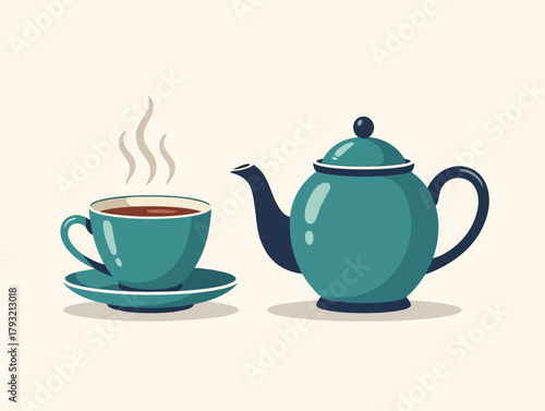 A teal teacup with saucer and matching teapot illustrated in a flat, hand-drawn style on a light background, representing a cozy and relaxing tea time concept