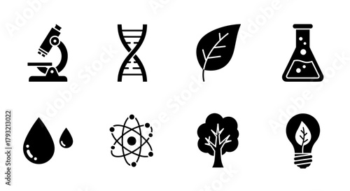 Set of science and nature icons: microscope, dna, leaf, flask