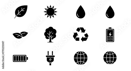 Eco-friendly icon set featuring nature, energy, and sustainability symbols in silhouette style