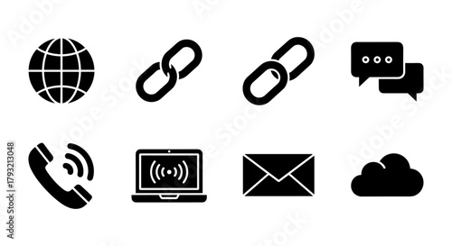 Essential communication icons: simple black silhouette set for digital platforms