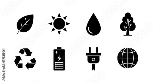 Eco-friendly icons set: nature, energy, and sustainability symbols in black silhouette