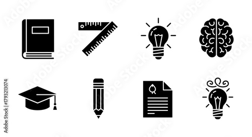 Education and creativity icons set: book, ruler, lightbulb, brain, graduation, pencil, document