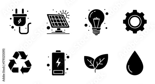 Set of black energy and environment icons: solar panel, light bulb, plug, and more