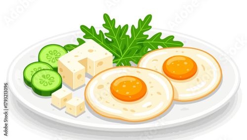 Plate with fried eggs, cheese cubes, cucumber slices, and arugula leaves in a colorful graphic style on white background, representing a healthy breakfast concept. Vector illustration
