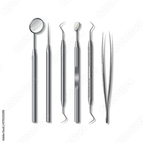 Isolated set of sterile metal surgical and dental instruments, tools, and equipment on a white background