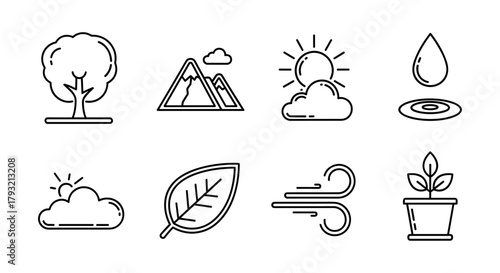 Minimalist line icons for nature elements: sun, cloud, tree, leaf, water, plant, mountain, wind