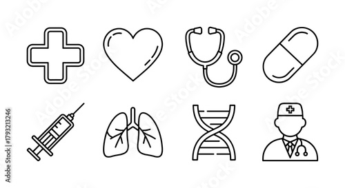 Health and medical line art icons: heart, dna, cross, and more