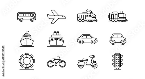 Linear transportation icons set featuring various vehicles and traffic elements
