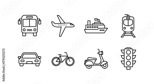 Simple linear icons of transportation vehicles and traffic light on white