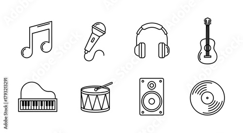 Minimalist music line art icons featuring instruments and audio equipment