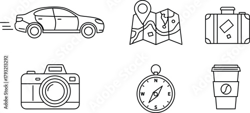 Road Trip Essentials Simple Line Icon Set - Car, Map, Suitcase, Camera, Compass, Coffee Cup Linear Icons

