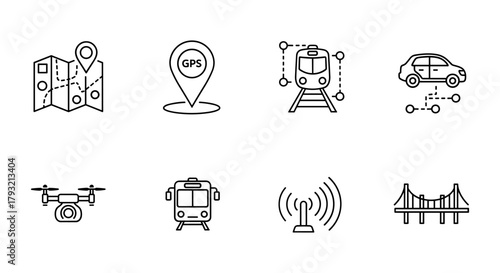 Linear transportation icons set featuring gps, train, car, drone, and bridge designs