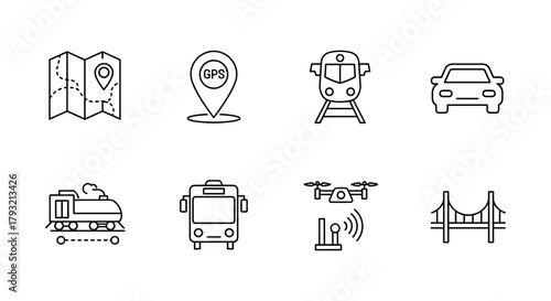 Minimalist transportation icons set featuring gps, cars, trains, and drones