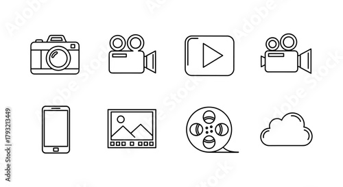 Linear media and technology icons set featuring camera video and cloud symbols