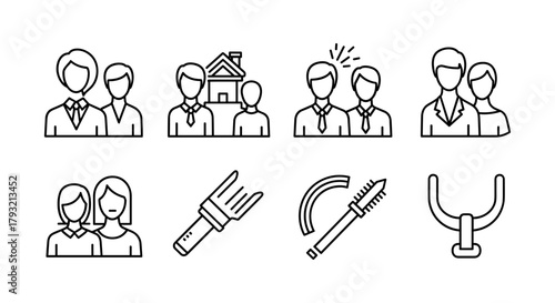 People and tools icons set: business, teamwork, makeup, and archery line art