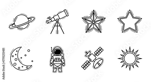 Outline space icons set: telescope, stars, astronaut, planet, moon, satellite, sun