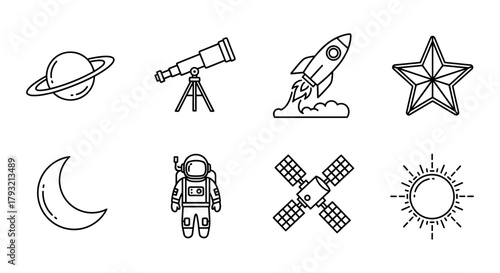 Space exploration icons: rocket, telescope, astronaut, planet, satellite, star, moon, sun