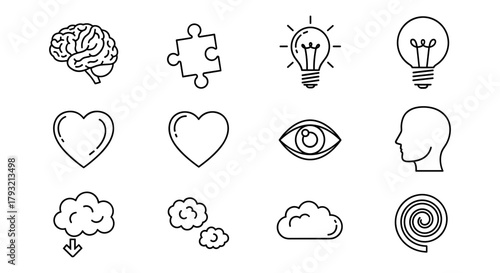 Simple outline icons of brain, heart, puzzle, and more for creative ideas