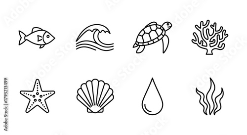Minimalist ocean icons: marine life, waves, and nautical elements
