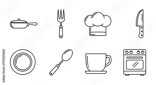 Linear cooking icons set: utensils, chef hat, kitchen tools, and appliances