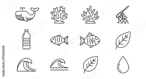 Linear ocean themed icons featuring marine life, coral, waves, leaves, and ocean pollution symbols