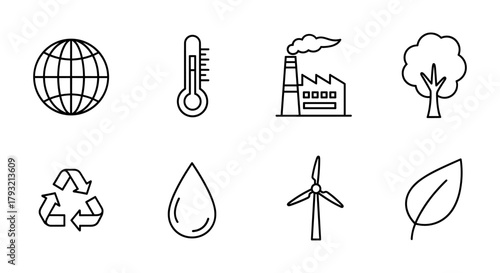 Eco-friendly icons: global warming, renewable energy, and sustainability symbols