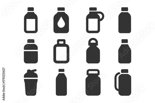 Collection of black drink bottle icons in various shapes and sizes.