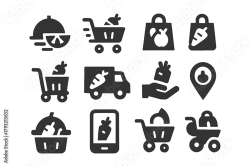 Grocery shopping icons set: cart, carrot, bag, delivery, mobile order, location.