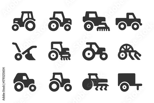 Agricultural machinery icons: tractors, plows, harvesters, trailers, rakes collection.