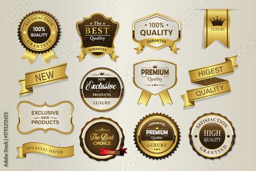 Golden luxury labels and banners, gold badge vector .premium quality certificate seal ribbons, Shield, VIP, super quality sticker tags and banners for best product seals, top no 1 brand golden Crown