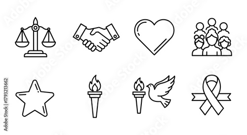 Diverse symbols of harmony and peace set in linear style