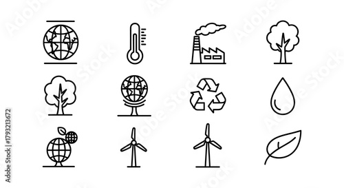 Sustainable energy and environment icon set with global, climate, and renewable symbols