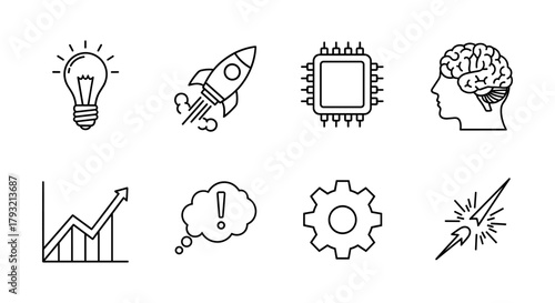 Linear icon set: innovation and technology concepts with light bulb, rocket, and brain
