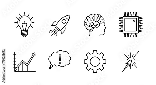 Innovation and technology outline icon set featuring brain and rocket symbols