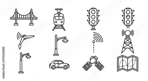 Smart city infrastructure icons in linear black and white style