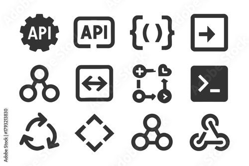 Collection of api and programming icons representing code and integration.