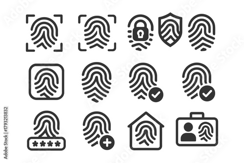 Fingerprint icon set: security, authentication, identification, biometrics, protection.
