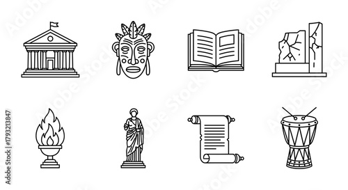 Historic heritage icons: ancient architecture, artifacts, and symbols in linear style
