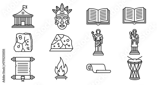Historical symbols collection: ancient artifacts in linear style