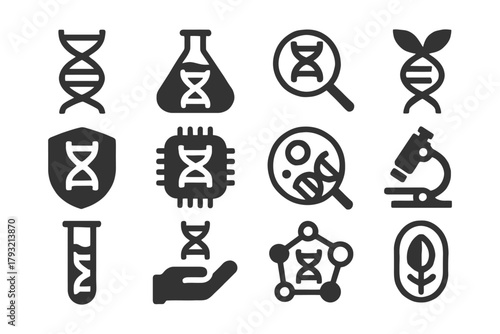 Genetic science icons: dna, research, microscope, lab symbols.