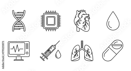 Medical and technology linear icons featuring dna, microchip, heart, and medicine