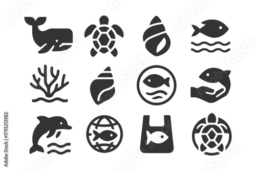 Sea life icons: whale, turtle, shells, fish, coral, dolphin, eco symbol.