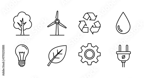 Eco-friendly icons: sustainable energy and nature symbols in line art style